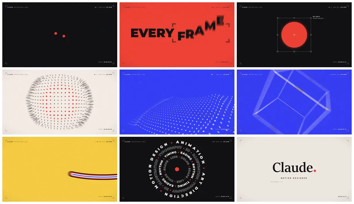 Nine frames from across Flat-color 15-second motion design reel