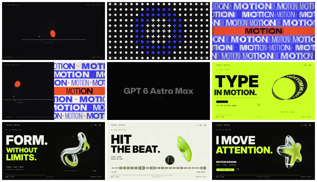 Nine frames from across Motion designer showreel, Opus vs Astra