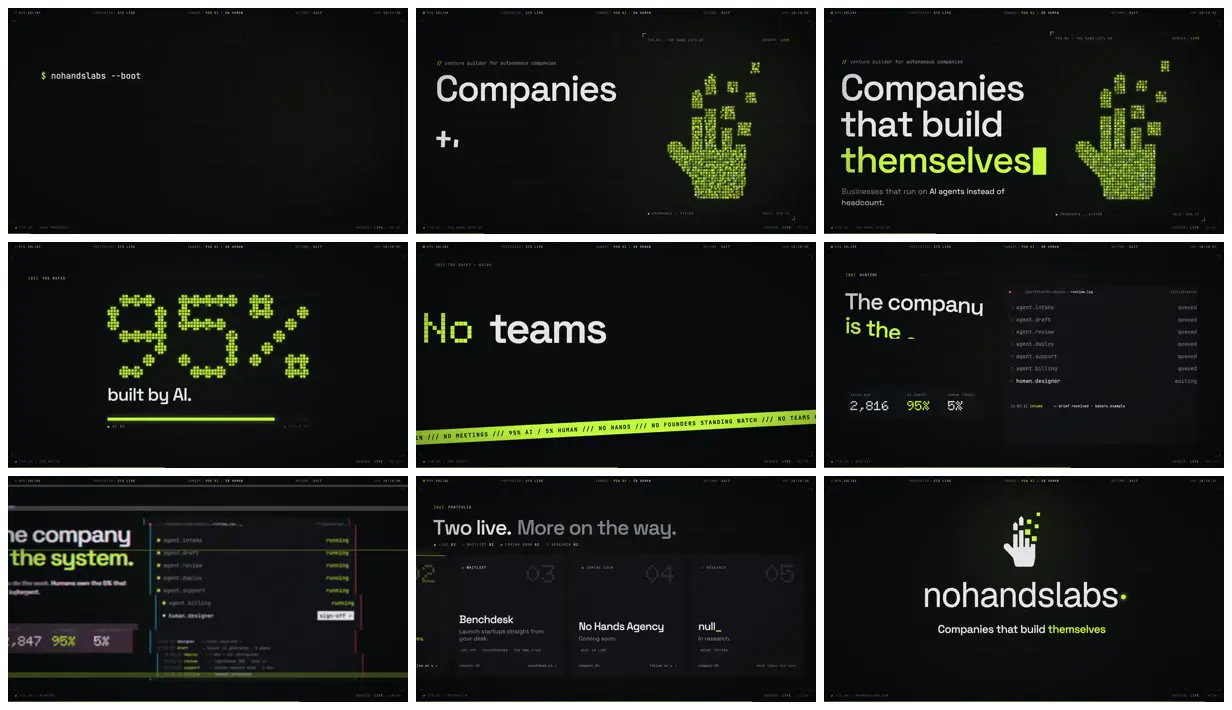 Nine frames from across 15-second motion graphic for a studio site