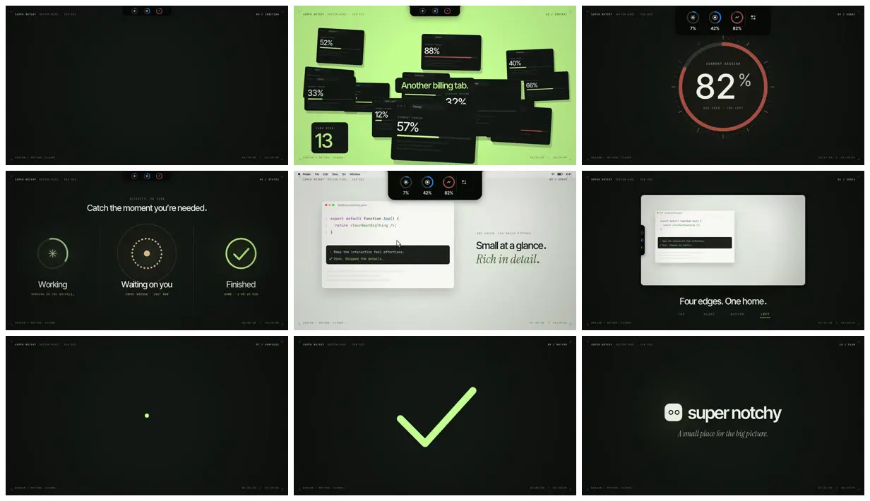 Nine frames from across Minimalist motion reel for a Mac notch app