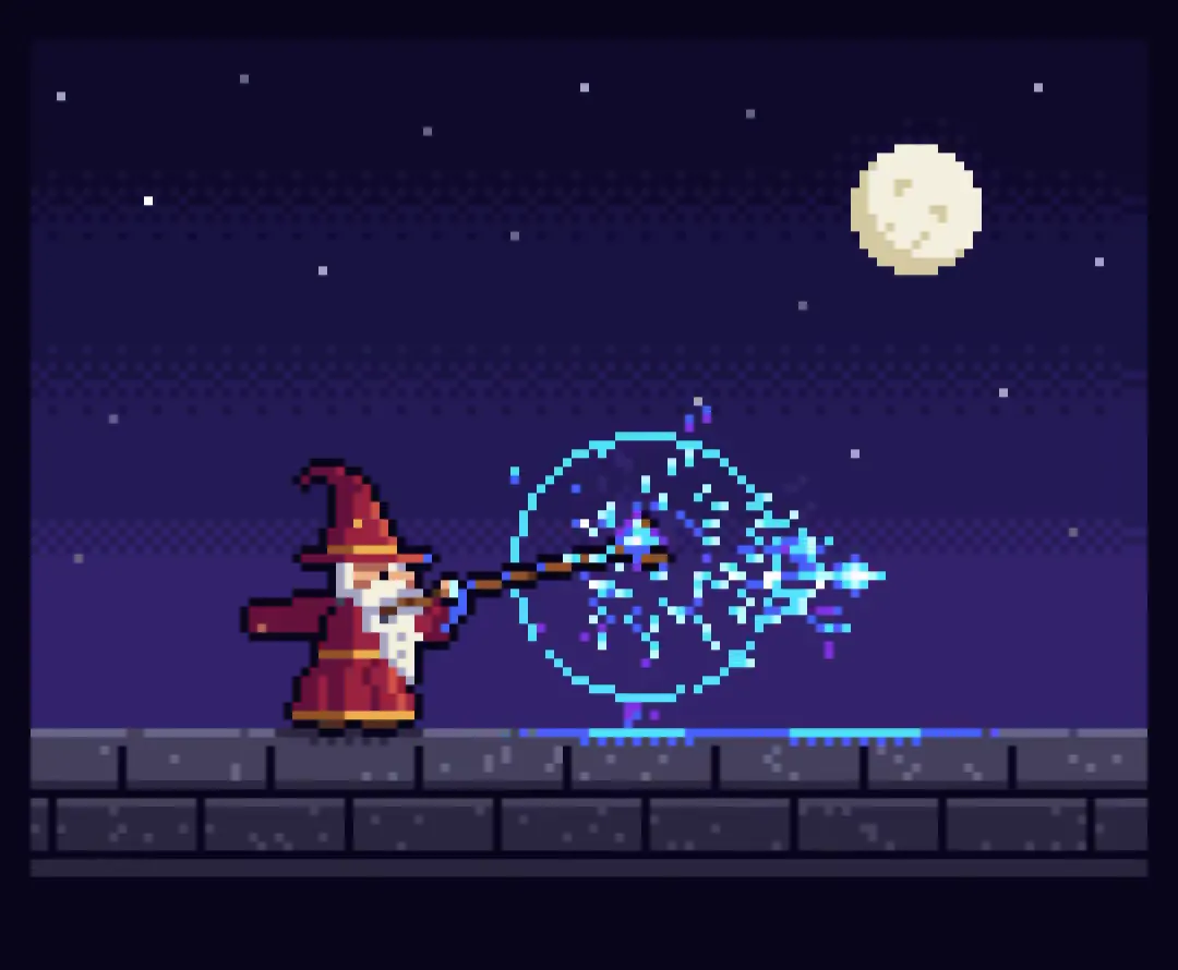 Frame from 16-bit pixel-art wizard casting a spell