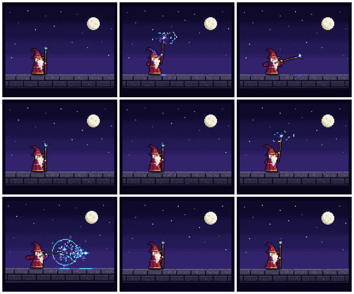 Nine frames from across 16-bit pixel-art wizard casting a spell