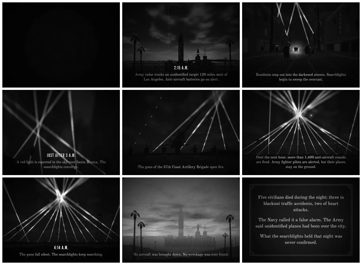 Nine frames from across 1942 Battle of Los Angeles as a newsreel