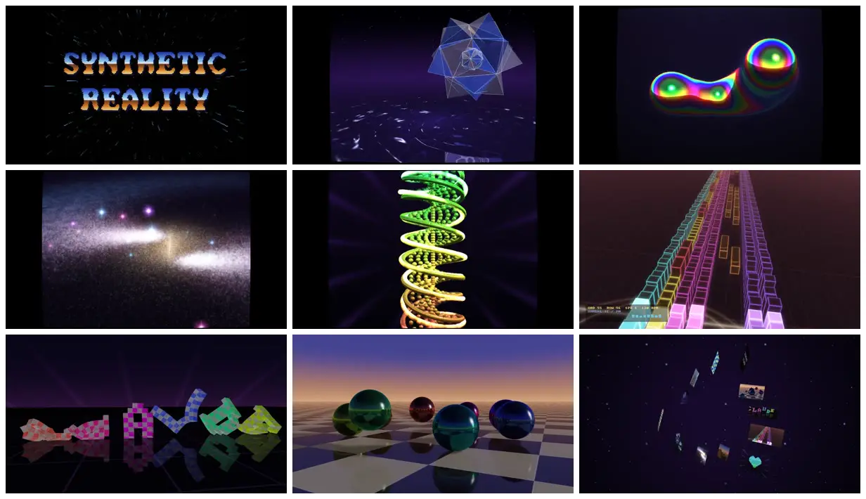 Nine frames from across 1990s demoscene demo set to tracker music