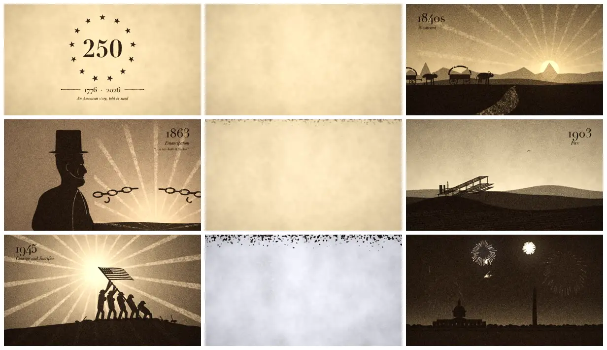 Nine frames from across 250 years of America in sand animation