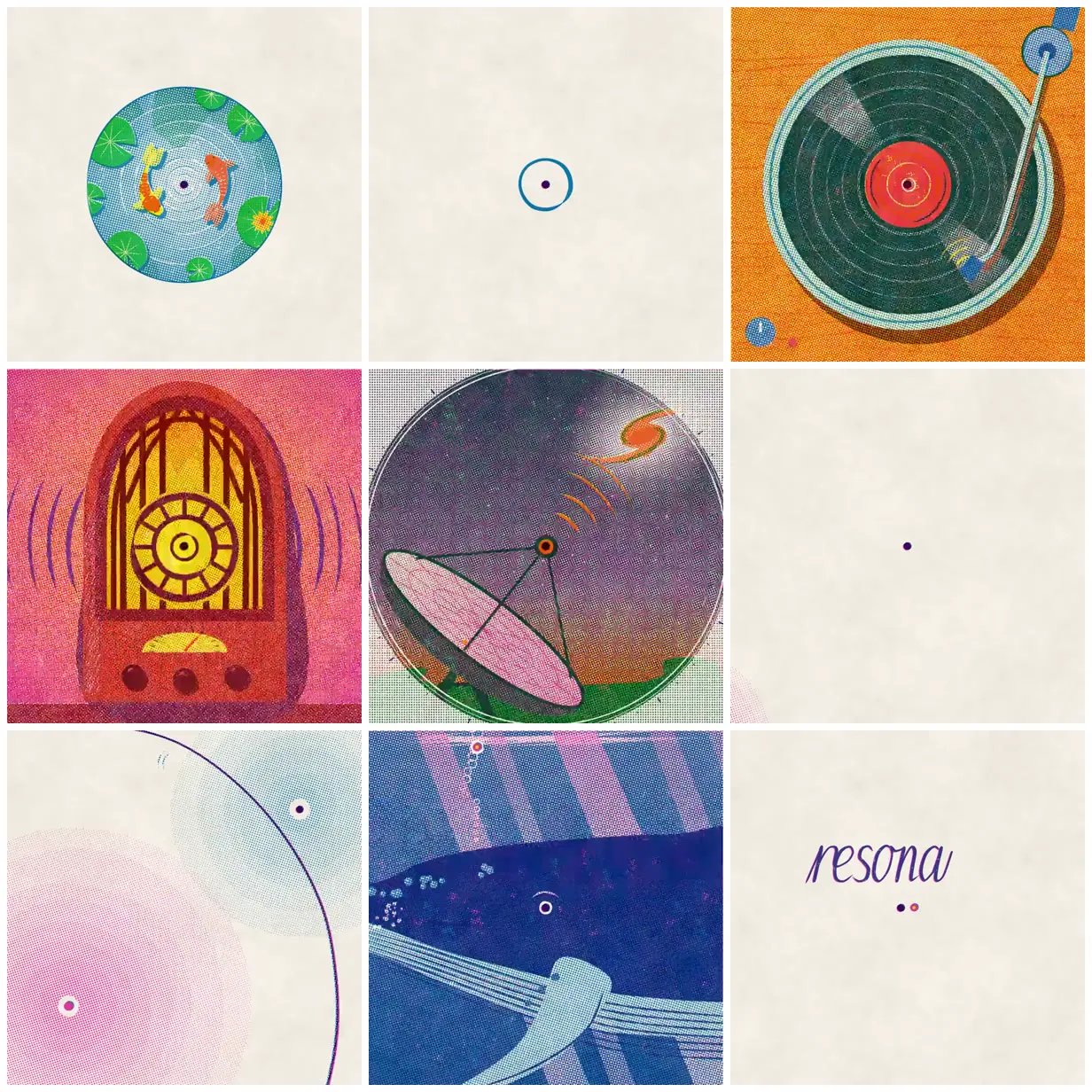 Nine frames from across Risograph animation of a lone ink dot