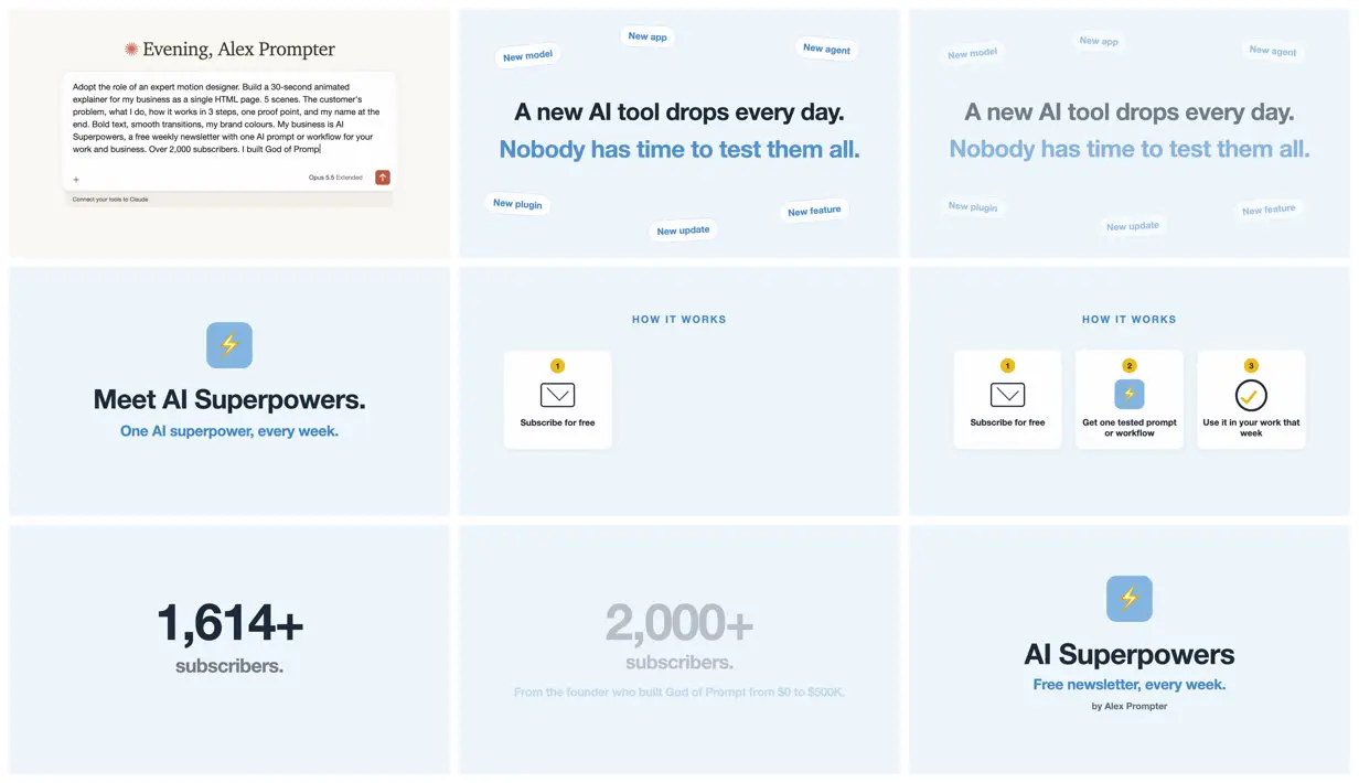 Nine frames from across Five-scene explainer for a newsletter
