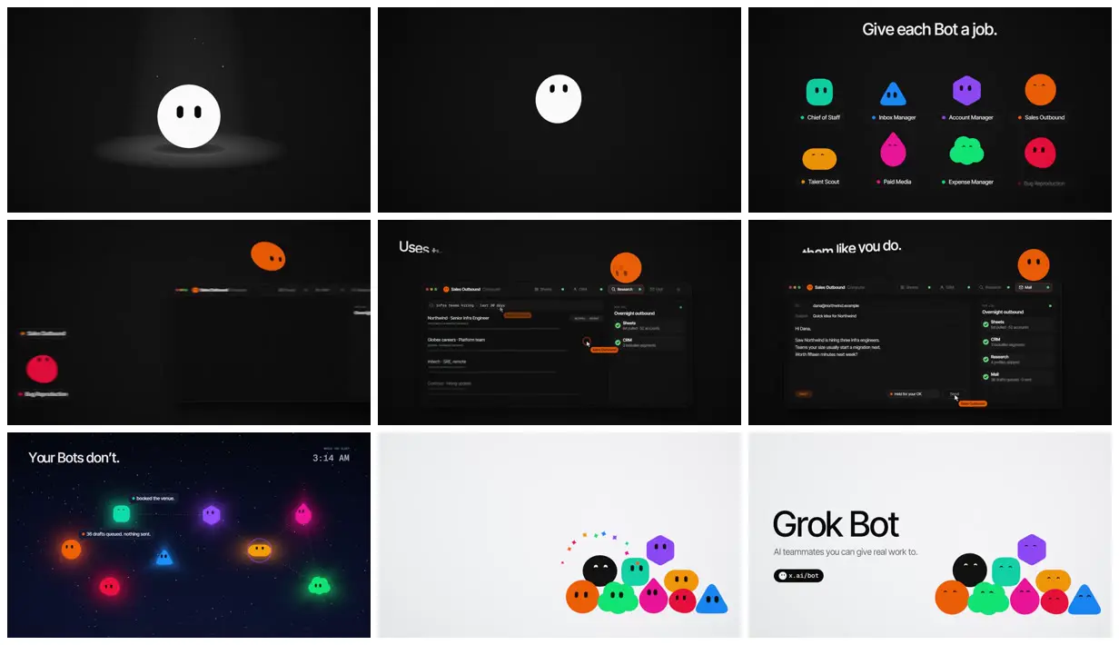 Nine frames from across 30-second brand spot for Grok Bot