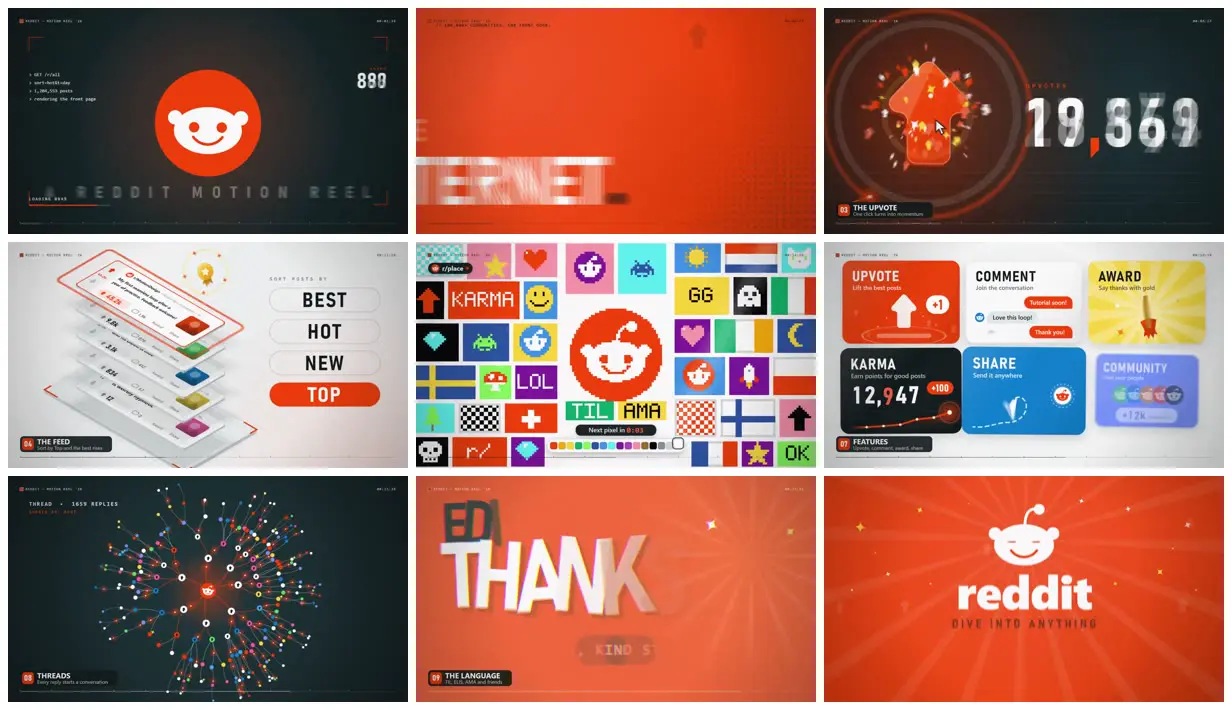 Nine frames from across 30-second Reddit motion graphics reel