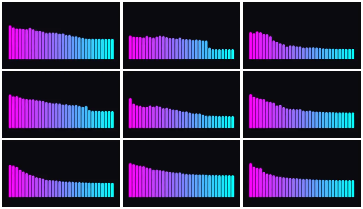 Nine frames from across Magenta-to-cyan audio spectrum bars