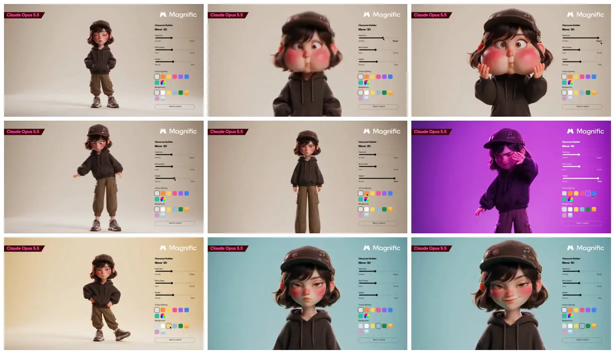 Nine frames from across Character builder and 3D toy animation