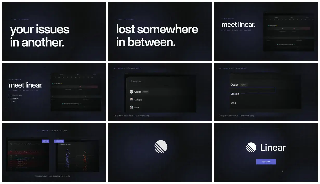 Nine frames from across Launch video for Linear made from its URL