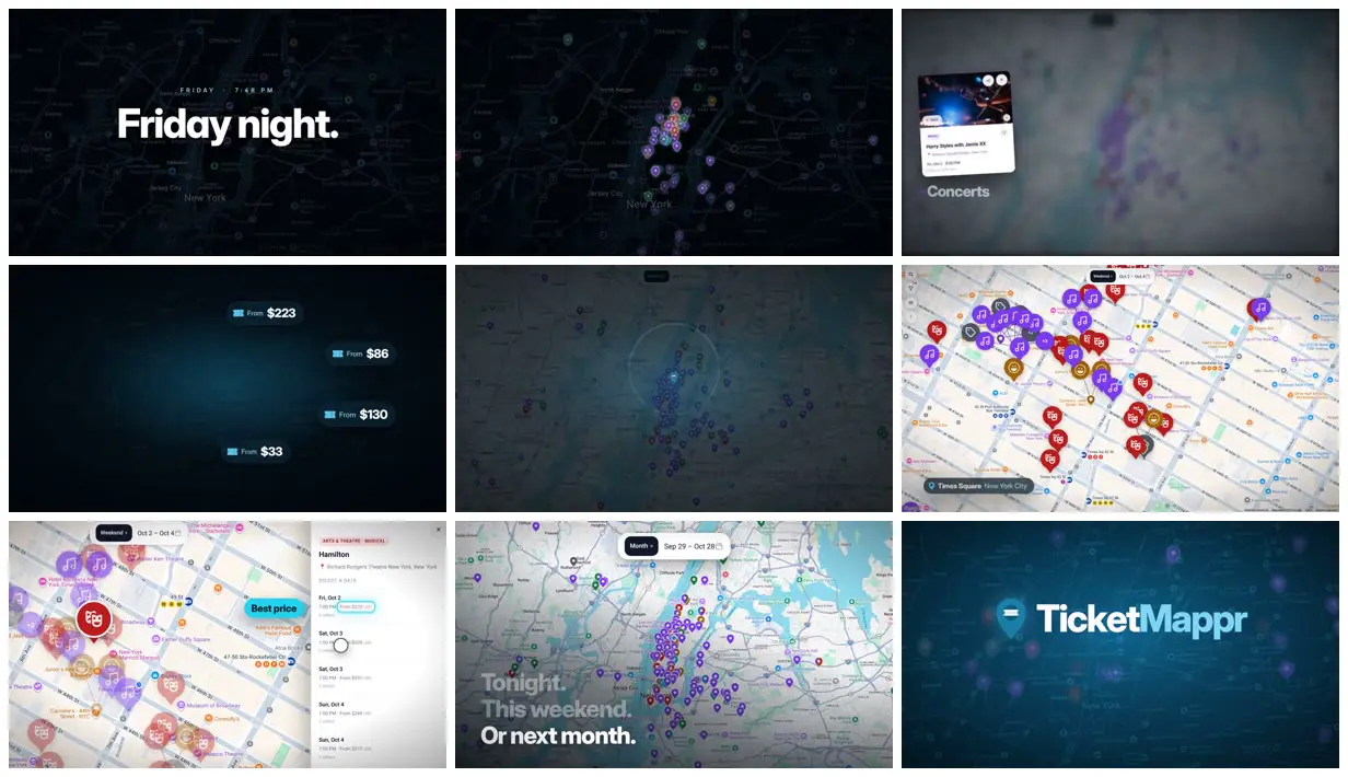 Nine frames from across Narrated trailer for an events map app