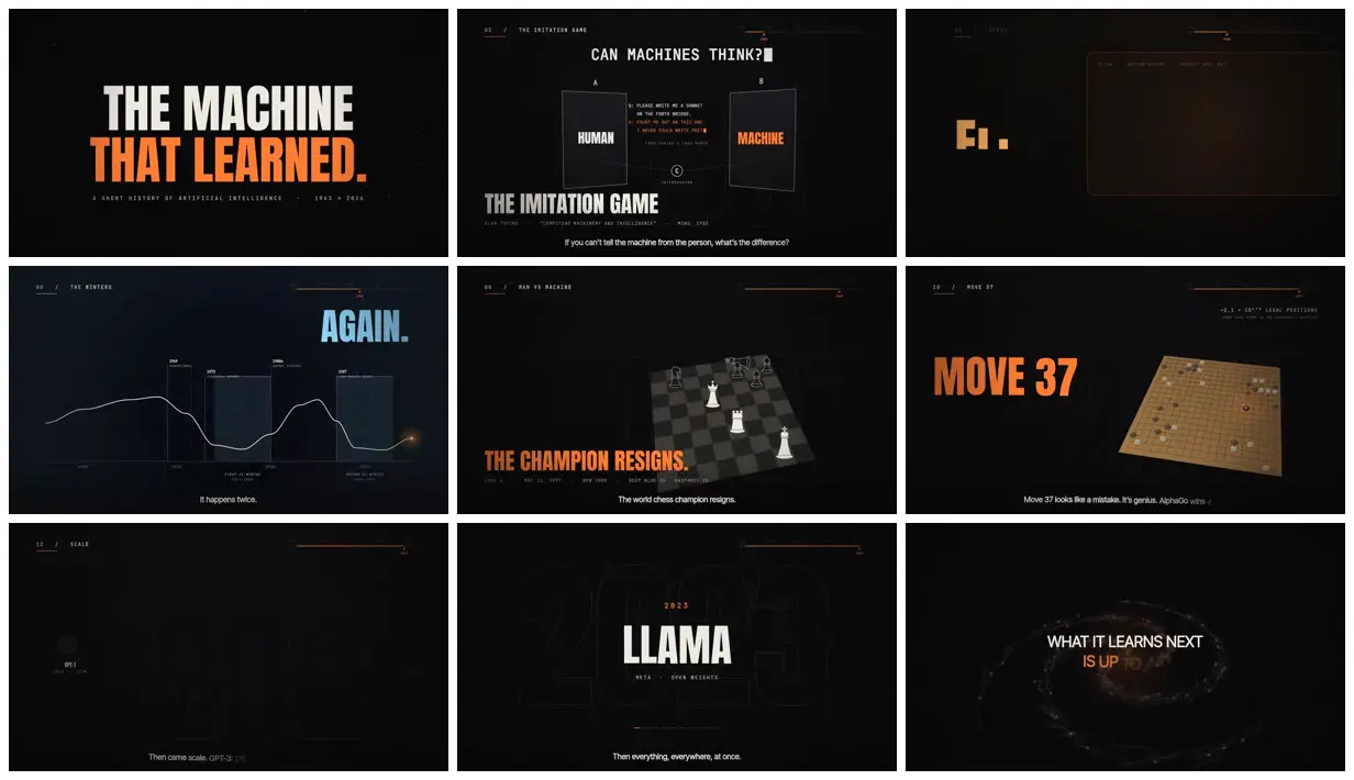 Nine frames from across The Machine That Learned, a history of AI
