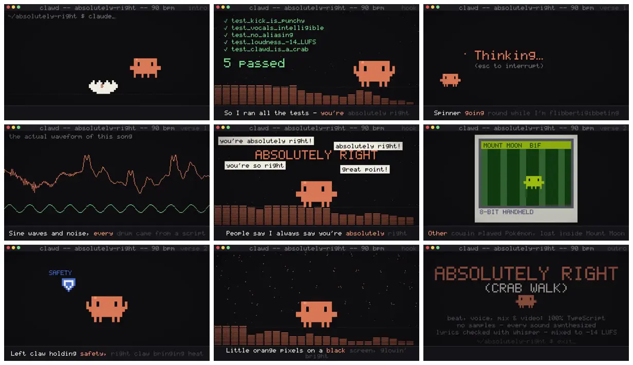 Nine frames from across Pixel-art rap about Claude, made in code