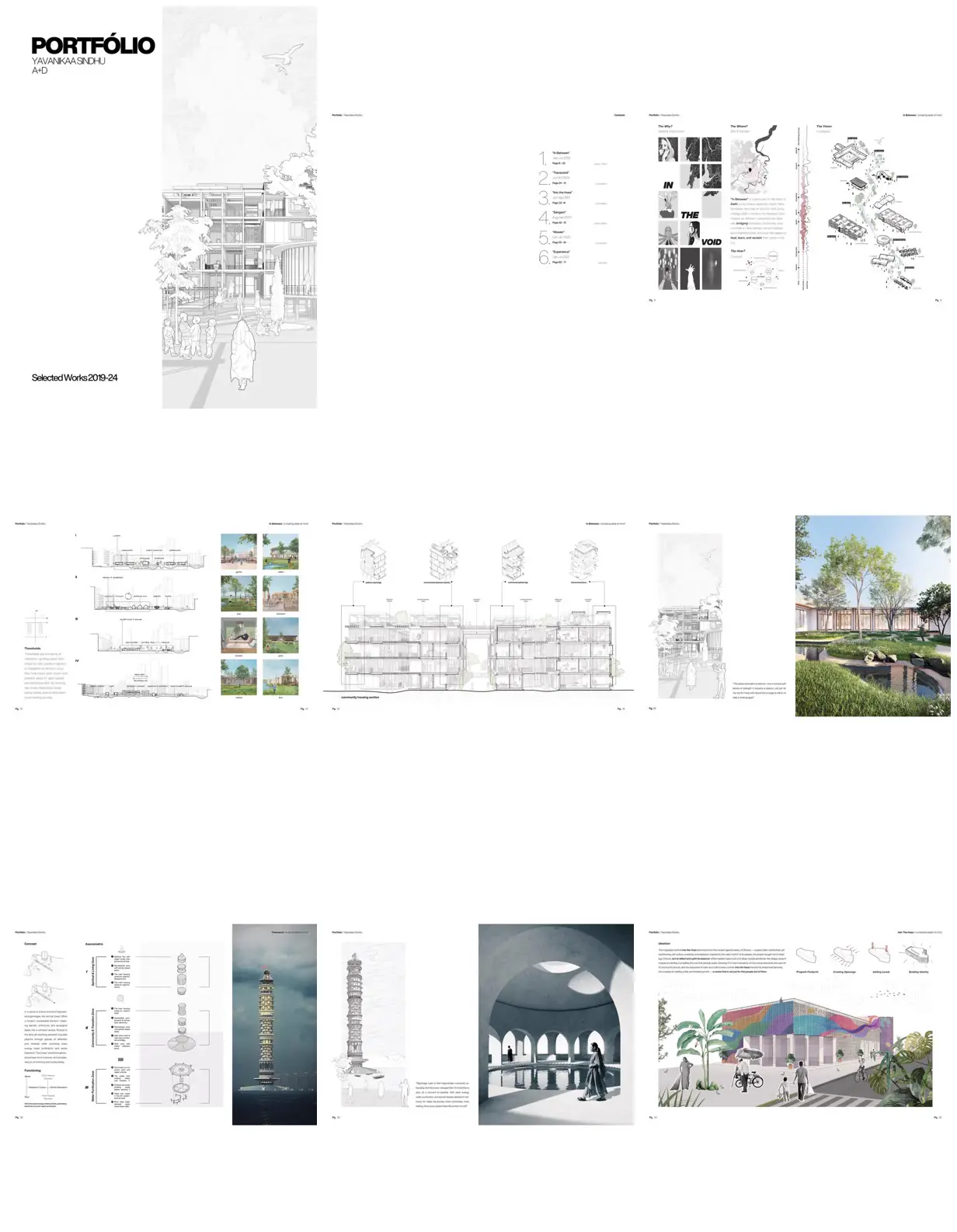 Nine frames from across Airy architectural portfolio spreads