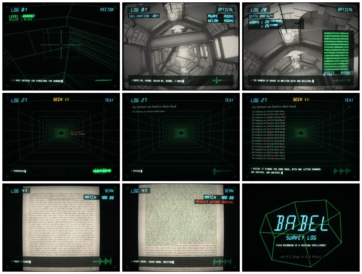 Nine frames from across An alien explores the Library of Babel