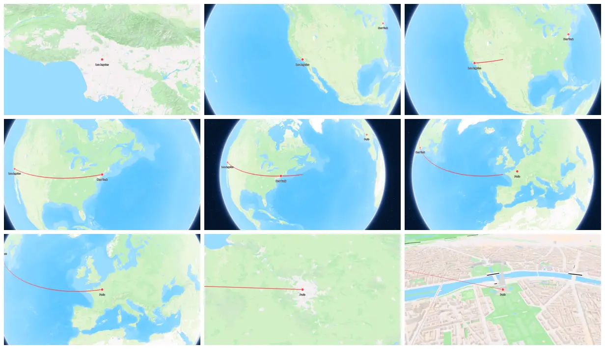 Nine frames from across Map route from LA to New York to Paris