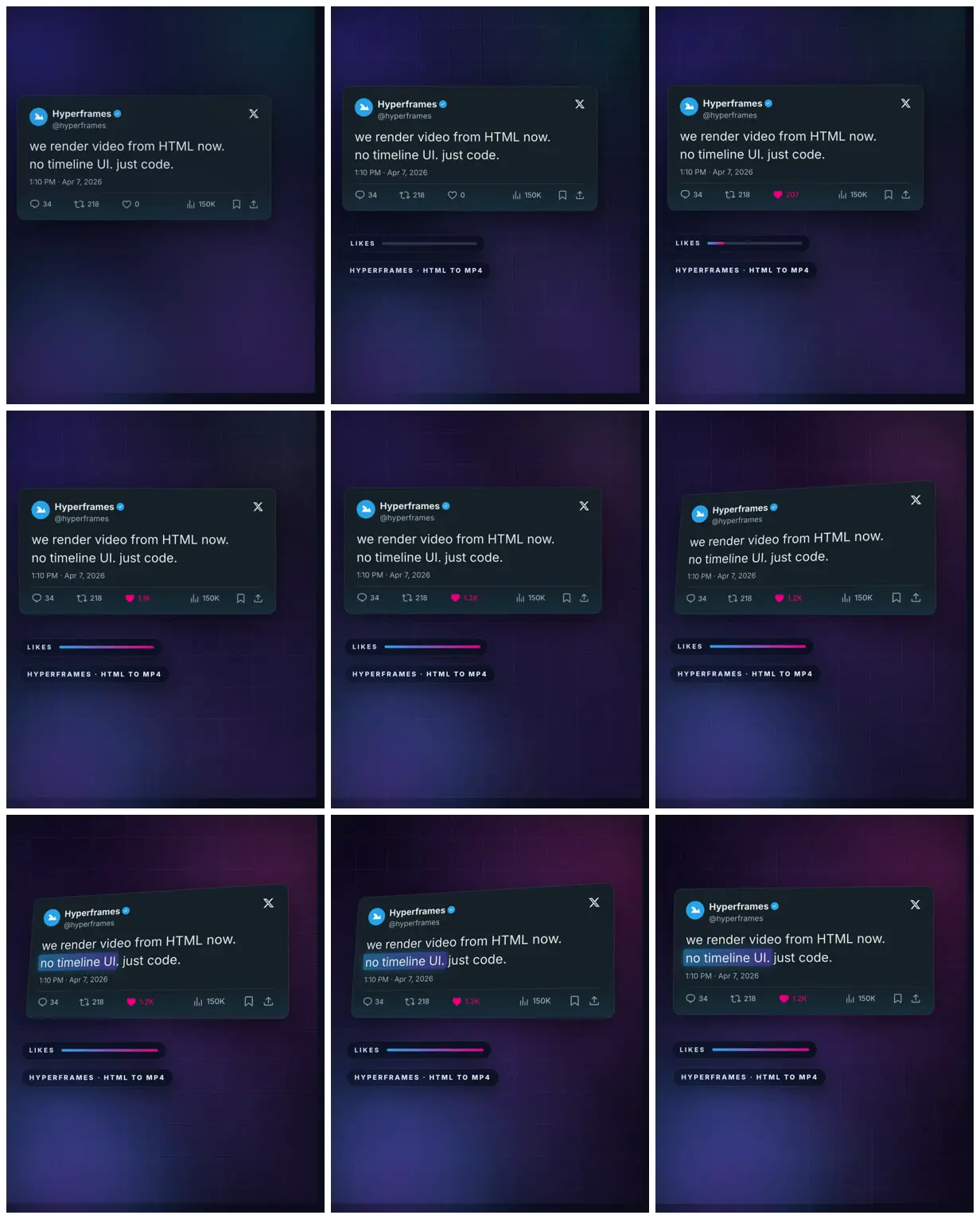 Nine frames from across Animated tweet card with a 3D tilt