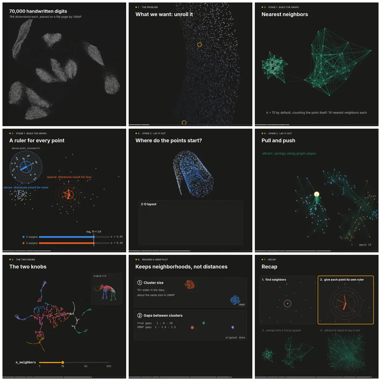 Nine frames from across Animated UMAP explainer for undergraduates