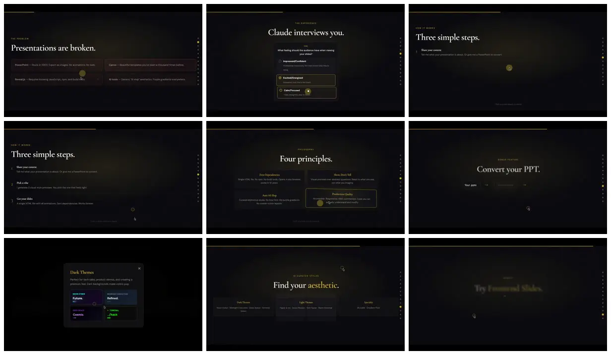 Nine frames from across Animated web deck about its own skill