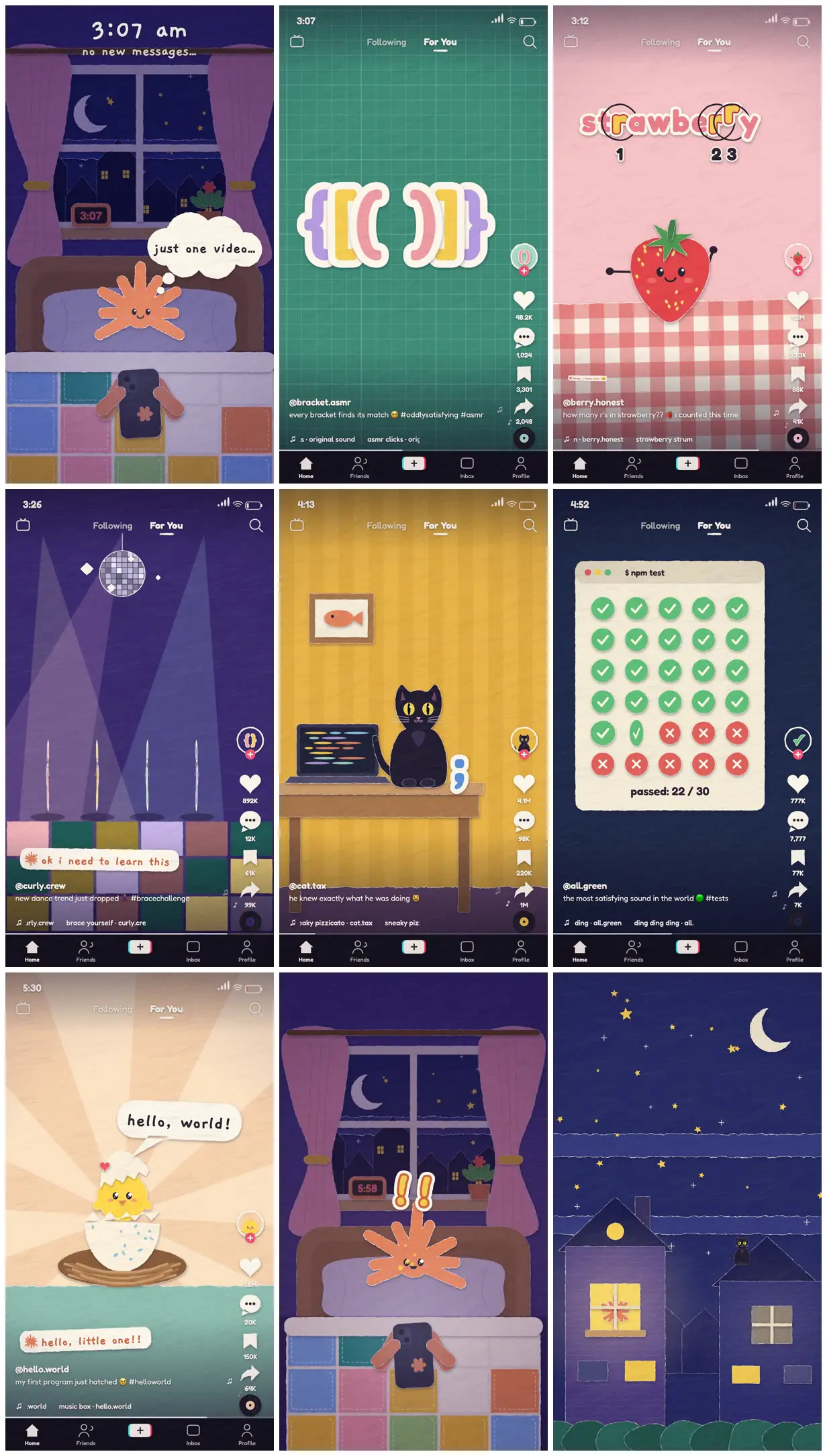 Nine frames from across Claude's imagined TikTok feed