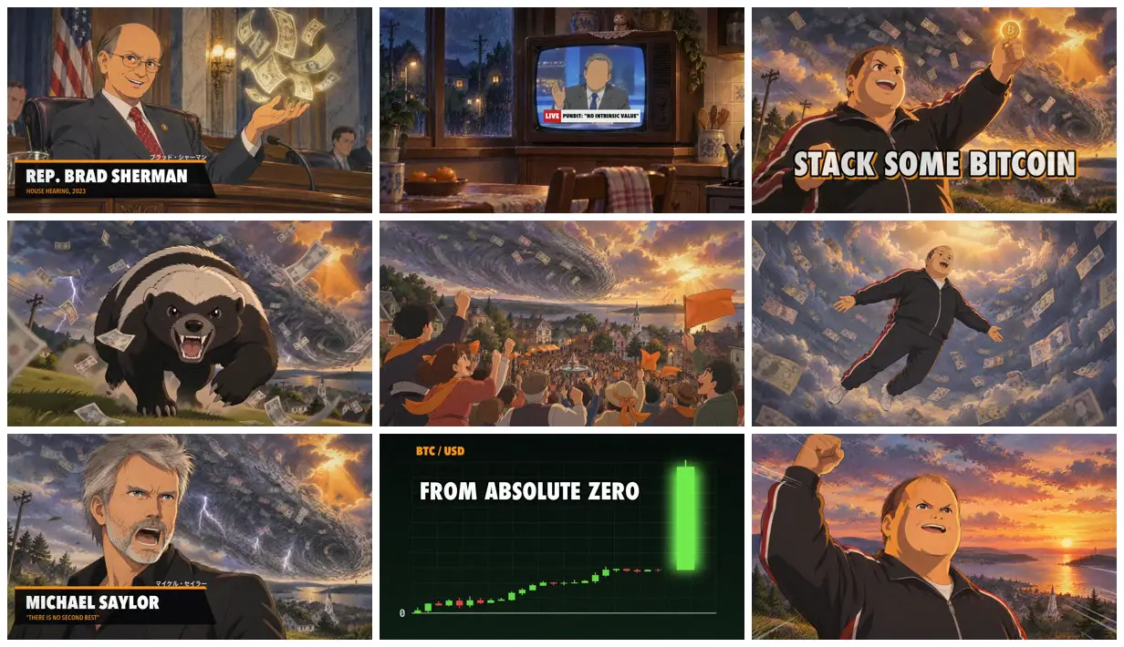 Nine frames from across Anime music video for a bitcoin anthem