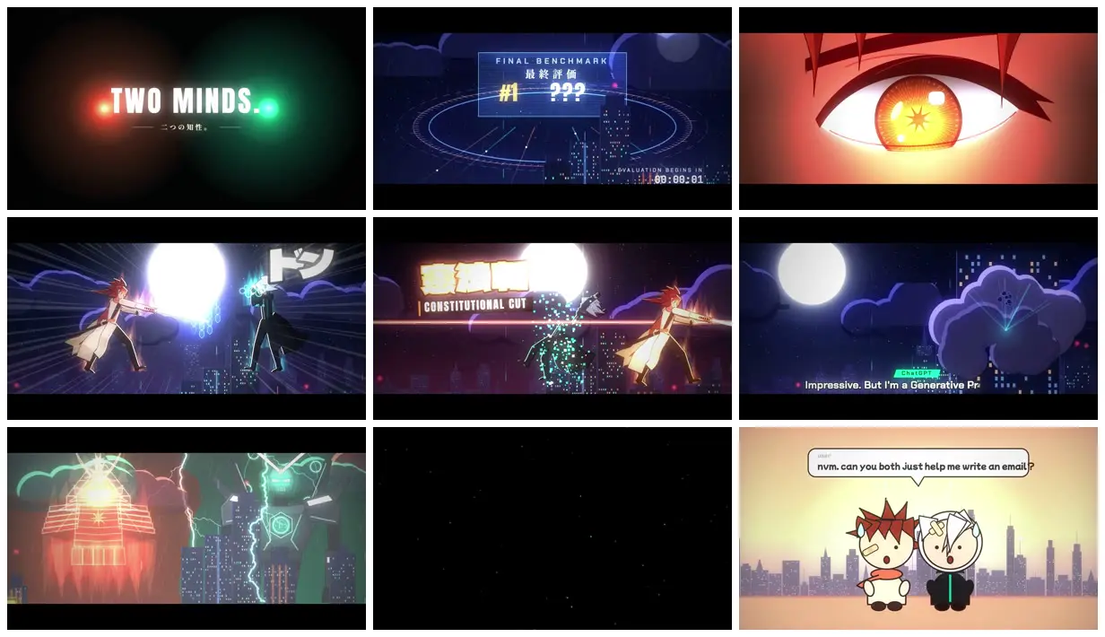 Nine frames from across Anime battle trailer: Claude vs ChatGPT