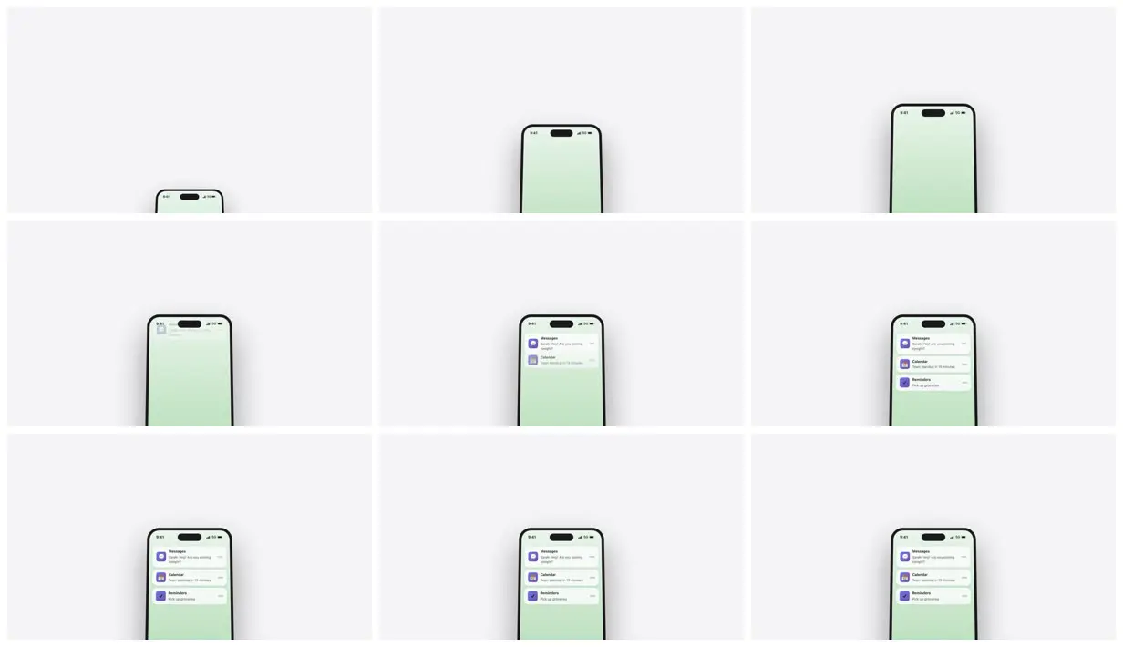 Nine frames from across Keynote-style iPhone mockup rising in