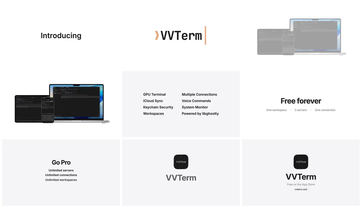 Nine frames from across Apple-style promo for the VVTerm app