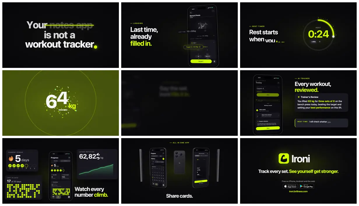 Nine frames from across Apple-style launch video for a workout app