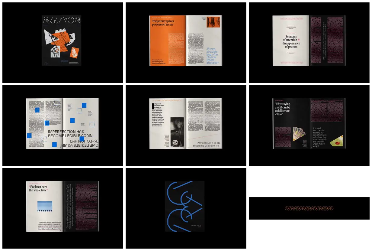 Nine frames from across Archival magazine with graphic contrasts