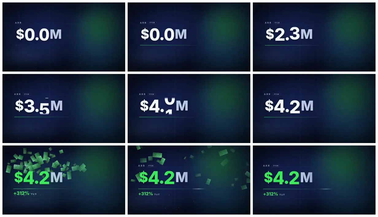 Nine frames from across Stat count-up with a burst of paper money