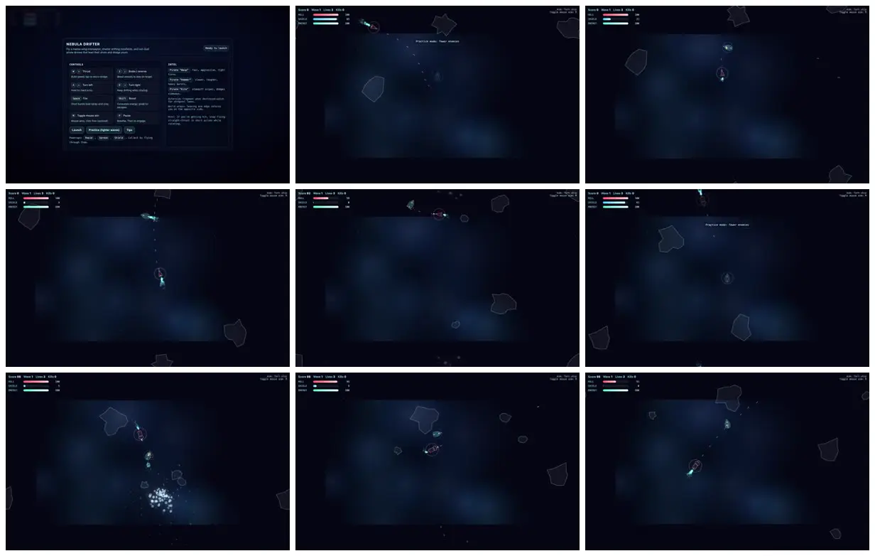 Nine frames from across Asteroids dogfight against AI ships
