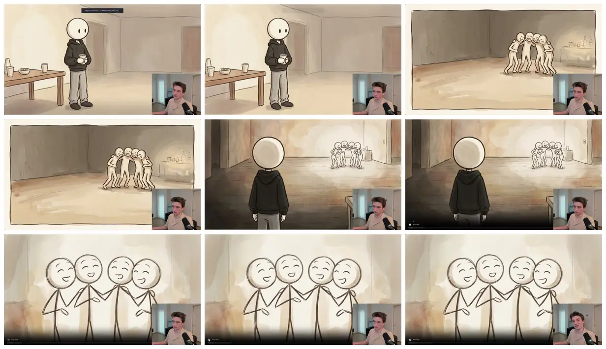 Nine frames from across Stickman YouTube video about charisma