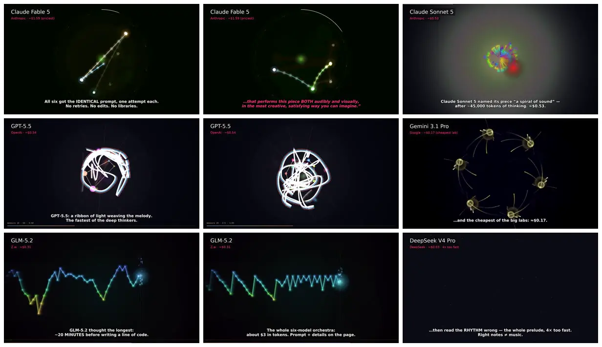 Nine frames from across Bach cello prelude performed by six models