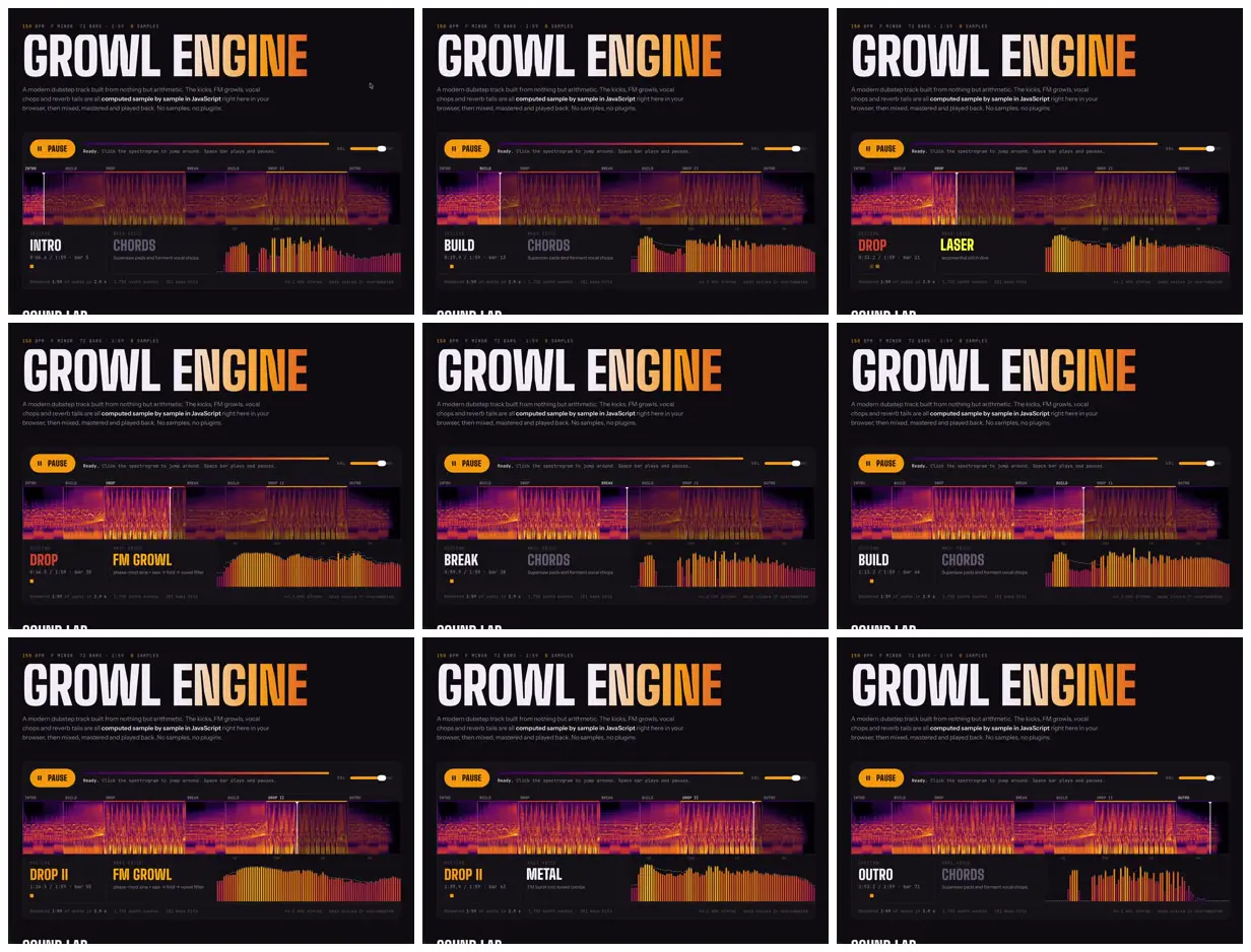 Nine frames from across Bass music written in JavaScript