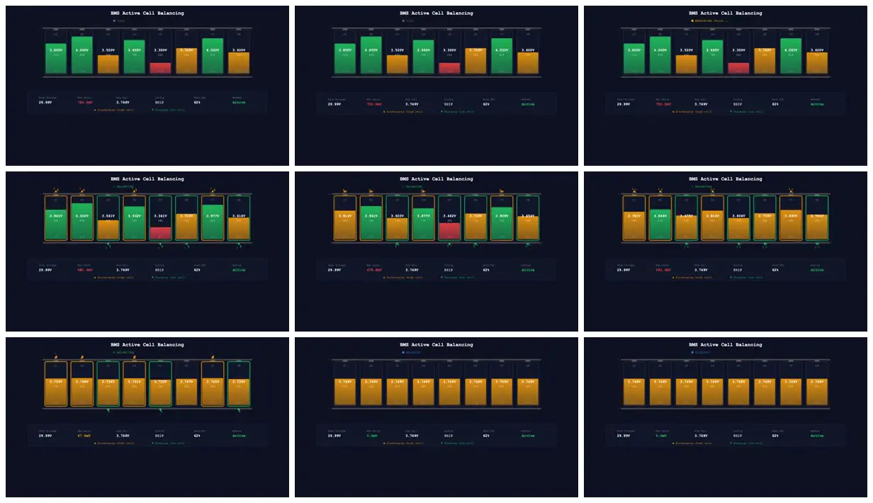 Nine frames from across Active cell balancing in a battery pack