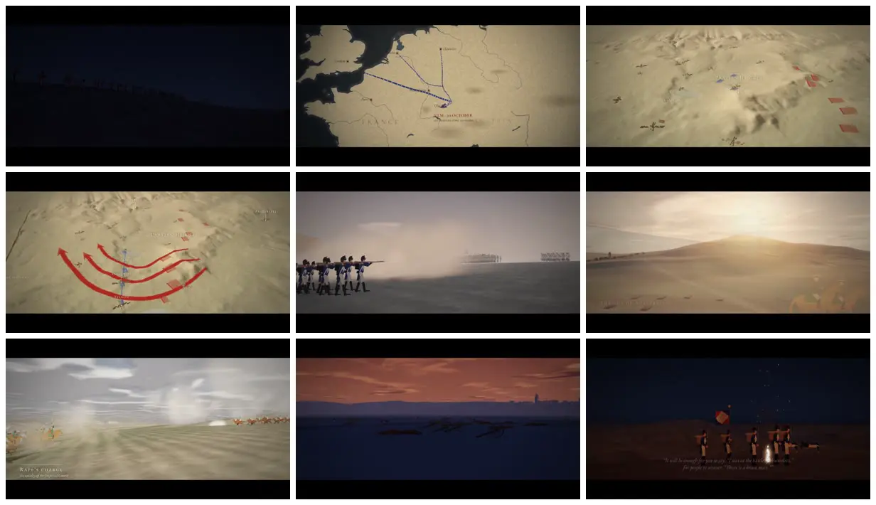 Nine frames from across The Battle of Austerlitz, rendered in code