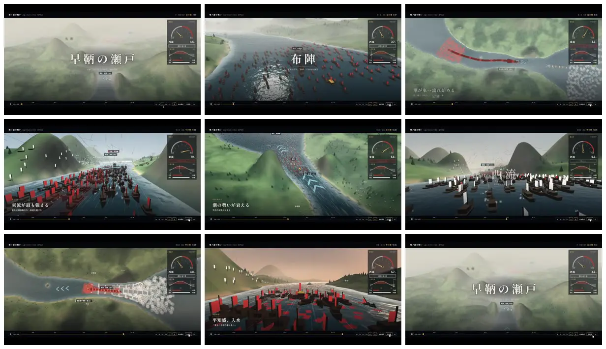 Nine frames from across Battle of Dan-no-ura as a 3D battle map