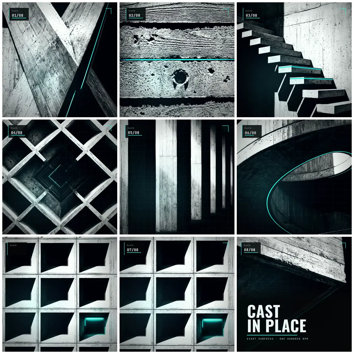 Nine frames from across Beat-synced slideshow of concrete details