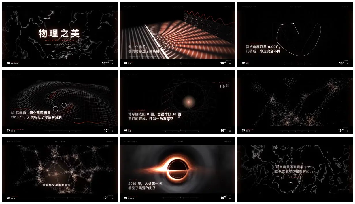Nine frames from across The beauty of physics, one continuous shot