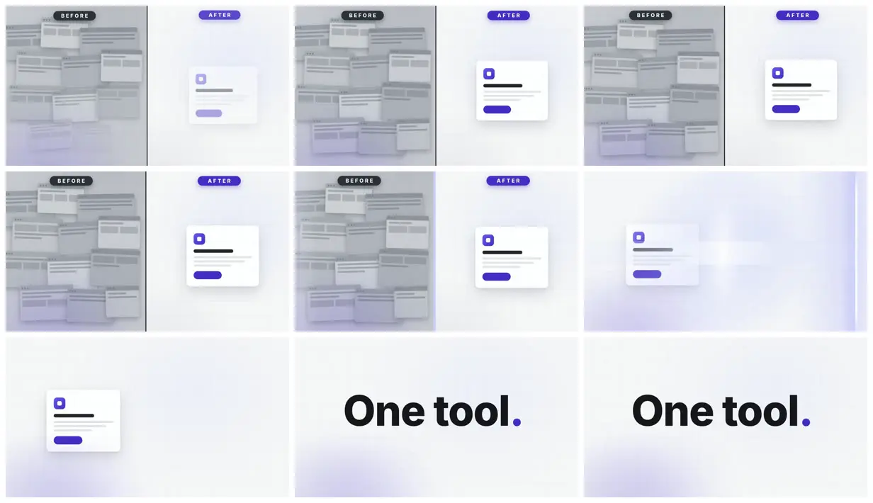 Nine frames from across Before and after: clutter to one card