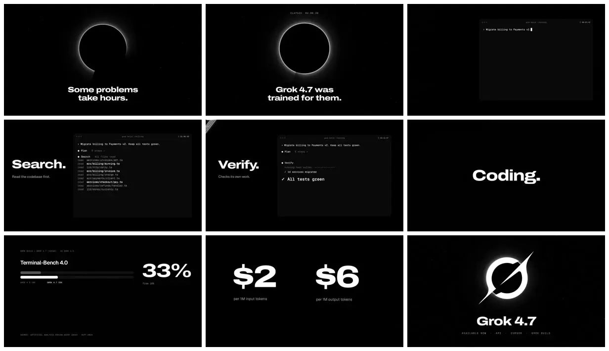 Nine frames from across Black-and-white launch film for Grok 4.7