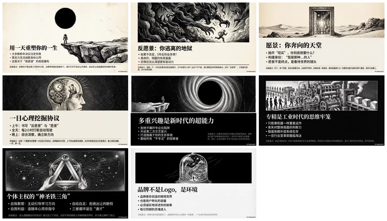 Nine frames from across Ink-etched worlds and personal agency