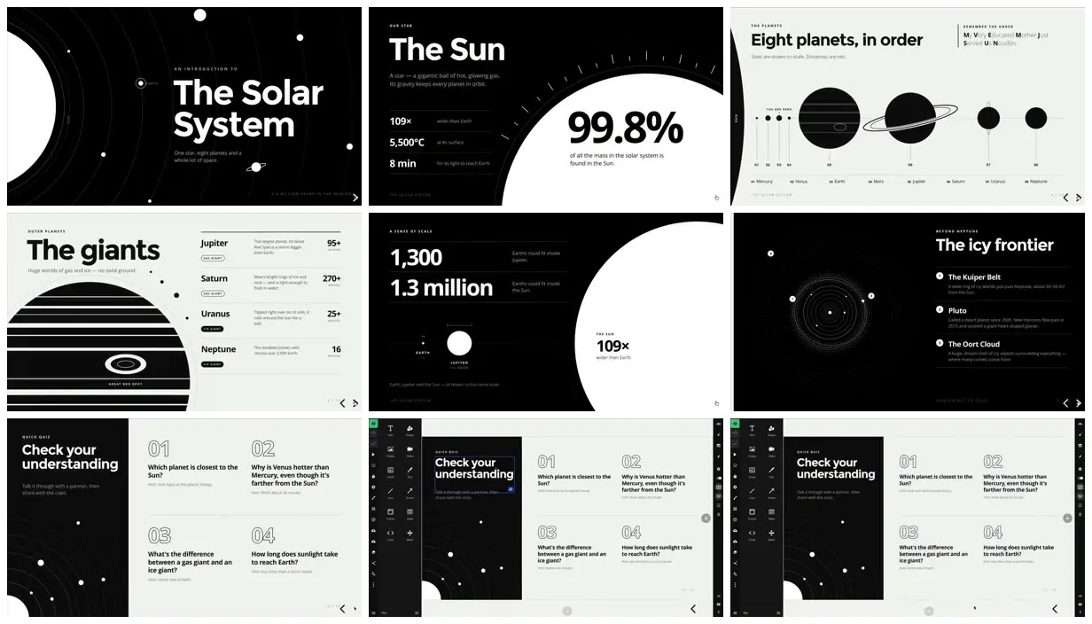Nine frames from across Monochrome solar system lesson