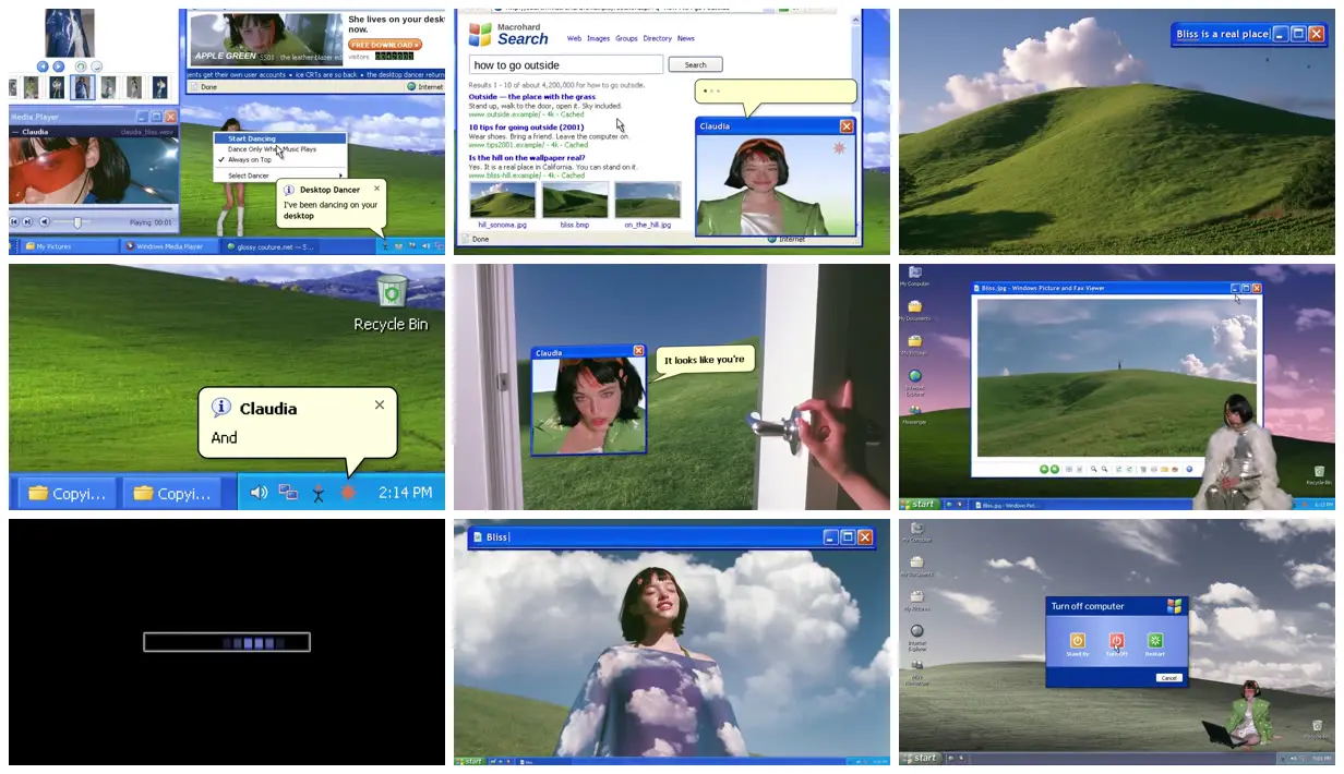 Nine frames from across Lyric video staged on a Windows XP desktop