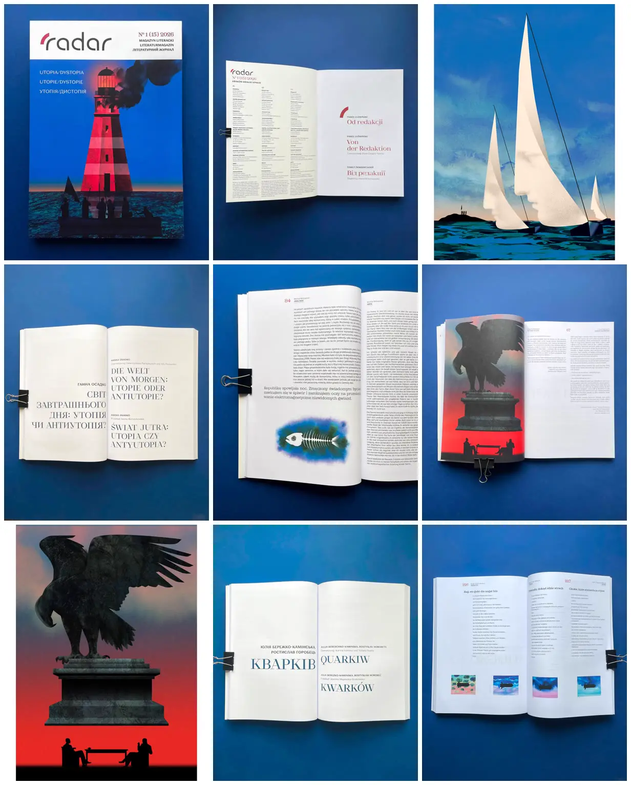 Nine frames from across Literary pages with surreal sea imagery