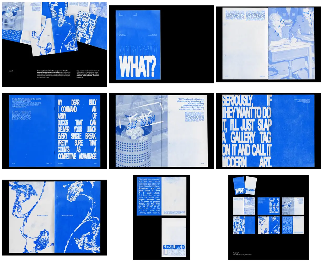 Nine frames from across Blue-and-white post-grad anxiety zine