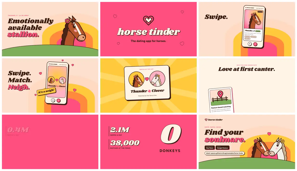 Nine frames from across Launch video for a horse dating site